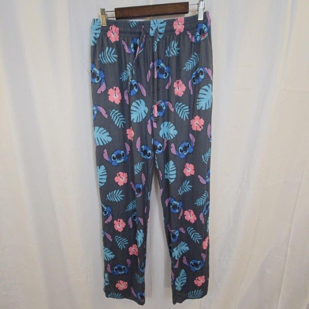 Disney Pajama Pants Womens Medium Gray Stitch Floral Tropical Lounge Sleepwear